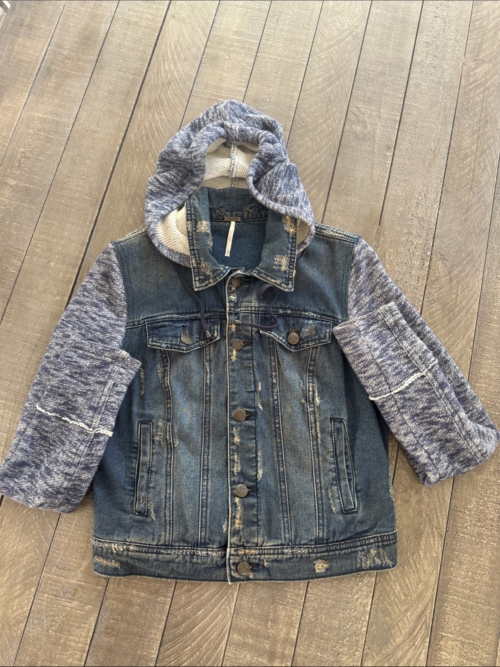 Free People Denim Jacket with Knit Sleeves and Hood